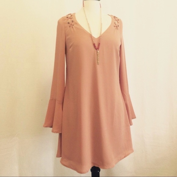 Stitched Shoulders With Bell Sleeve Mini Dress In Peach Pink NWT - Picture 2 of 4